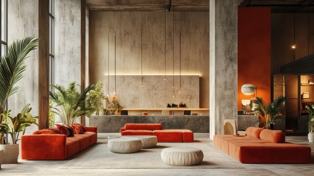Modern burnt orange lounge in industrial lobby. - Powered by Adobe