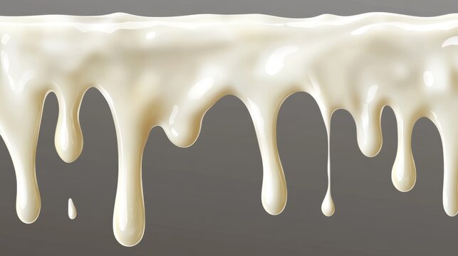 Realistic dripping milk drops, melted white liquid yoghurt, mayonnaise splashes, glossy seamless cream border with falling droplets, molten texture isolated on transparent background, 3d vector mockup