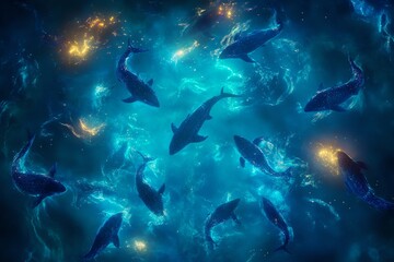 Obraz premium Mystical underwater scene with bioluminescent sharks swimming in a dark ocean. Glowing trails and particles create an ethereal effect.