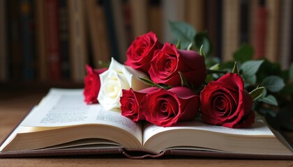 Elegant red and white roses on open book with blurred library background, romantic literature