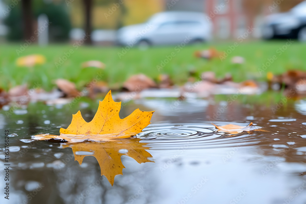 Poster yellow maple leaf floating in puddle reflecting in water surface.