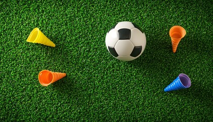 Naklejka premium Plastic toy soccer ball resting on green artificial grass with colorful toy cones