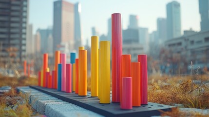 Colorful cylinders in urban park, depicting a bar graph.