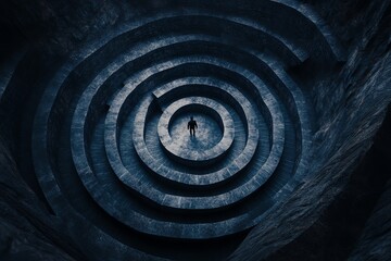 A person stands at the center of a complex, dark maze, symbolizing challenge, confusion, and the search for a solution.  Top-down view.