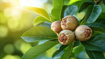 Close-up of three immature fruits on a branch with green leaves, sunlit.