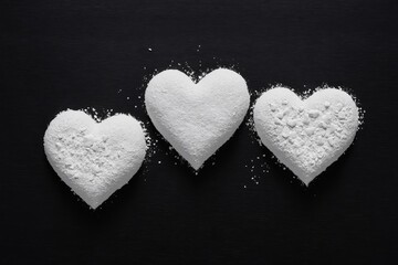 Three white heart shapes covered in powder on black background