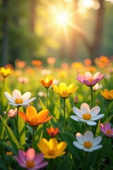 Obraz premium Sunlit meadow, vibrant spring flowers blooming, blossom, flora, day