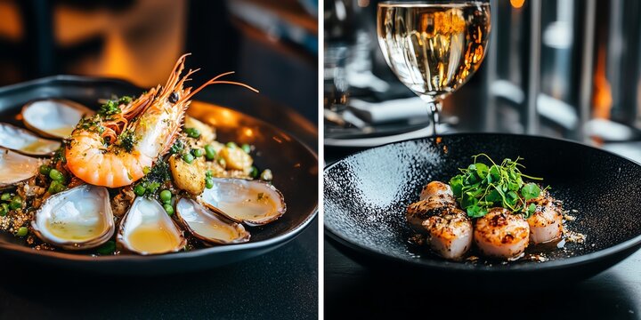 Gourmet seafood platter featuring succulent shrimp, clams, and scallops.  Elegantly plated for a fine dining experience.