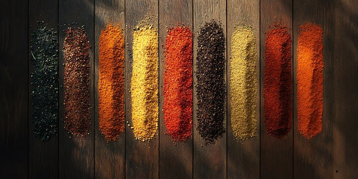 Assortment of colorful spices on rustic wood.  Perfect for culinary, food, and cooking themes.