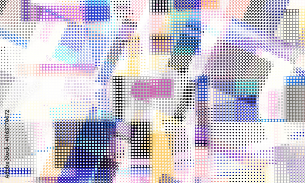 Poster Pixilated abstract Energy background. Halftone effect. Vector image. Small particles with overlay moire effect