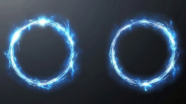 Electric lightning frames, circle digital glowing borders in front and angle view. Vector realistic set of blue round sparking discharge isolated on transparent background