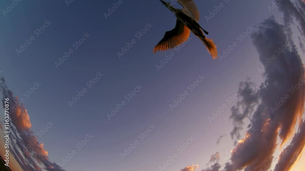 Poster bird soaring against a colorful sunset sky with scattered clouds over an open landscape