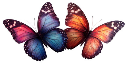 Obraz premium Two colorful butterflies with vibrant wings in mid-flight on a transparent background