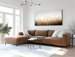 Minimalist living room with brown sectional sofa, white rug, and nature-inspired artwork.