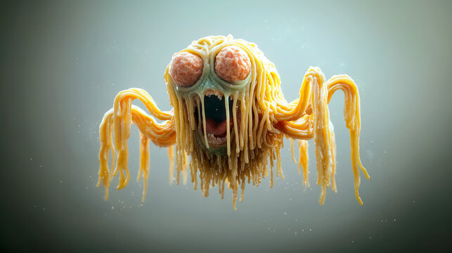 Flying spaghetti monster with meatball eyes, symbol of pastafarian religion, atheism