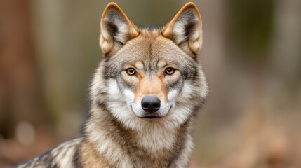 Obraz premium A majestic wolf with sharp eyes and detailed fur standing against a blurred natural background in the wild