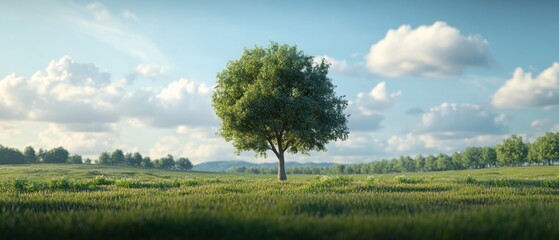 Solitary tree in a green field under a bright sky.