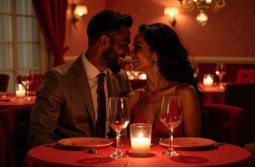 young hispanic couple shares intimate Valentine's Day dinner at warmly lit table at cozy restaurant. romantic holiday greeting card.
