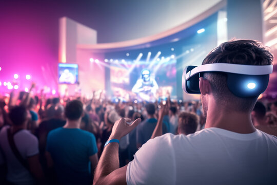 Large outdoor festival at night with a vibrant crowd experiencing immersive virtual reality using headsets under colorful lights