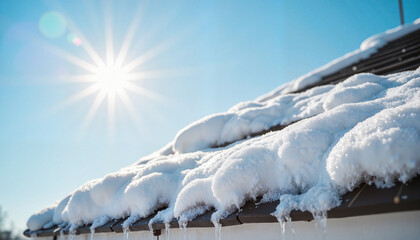 Snow-covered roof with sunlight shining in winter