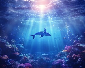 Obraz premium Three adorable pastel dolphins swim in a dreamy underwater world, surrounded by soft coral and clouds. A whimsical, serene scene perfect for children's books or fantasy themes.