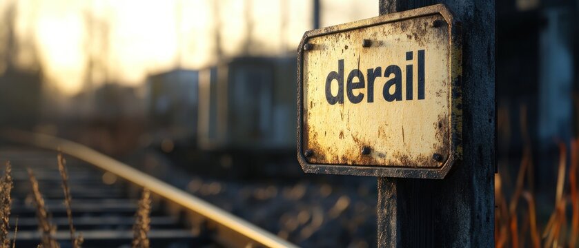 Rusty derail sign on railway tracks at sunset.