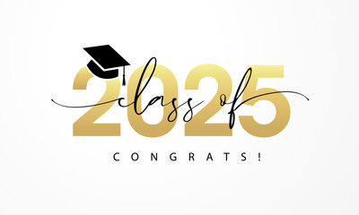 Class of 2025 Congrats lettering logo design. Congratulation graduation golden 2025 number with black academic cap for college event invitation or party high school