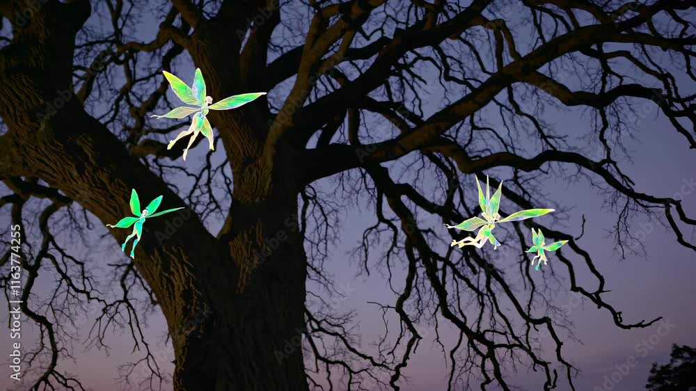 Poster magical fairies dance around a tree in an enchanting twilight forest setting