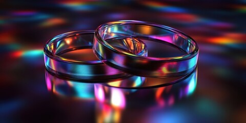 Holographic rings rotating horizontally over a refined background high fidelity visuals abstract vivid colors illuminated environment