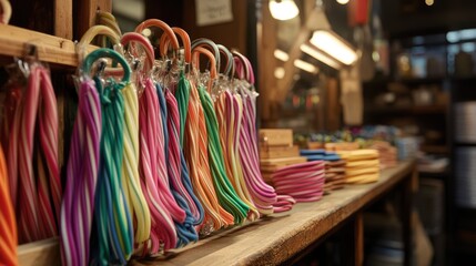 Colorful Carved Wooden Canes on Display in a Craft Shop