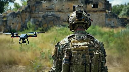 Soldier operates drone in combat simulation during training exercise in an outdoor environment