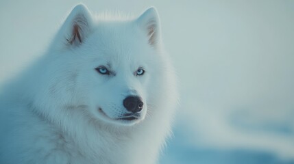 Fototapeta premium A close-up of a majestic white wolf with striking blue eyes against a snowy background.
