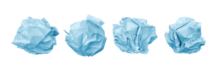 Fototapeta premium Wrinkled and crumpled paper ball, isolated damaged blue sheet. Vector wrinkly paperwork, wastepaper or document folded for recycling bin. Realistic eco material rubbish, crinkle and crumbled