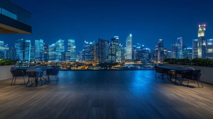 Obraz premium Terrace on rooftop with city view at night. Empty patio on roof or balcony with railing on background of cityscape with modern buildings and skyscrapers. Vector cartoon house terrace in town