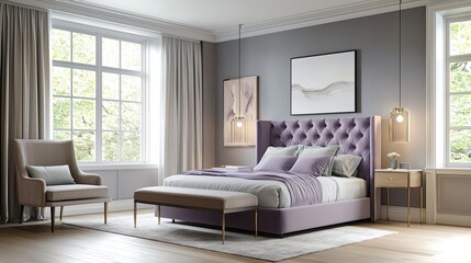 A serene bedroom with a soft purple velvet headboard and footboard, muted gray walls, large windows, and light oak flooring