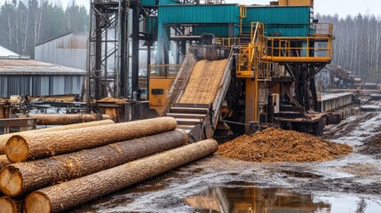 Fototapeta premium Industrial Wood Processing at a Logging Facility with Machinery
