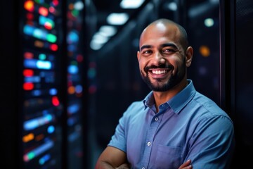 Fototapeta premium portrait of a smiling senior Marshallese male IT worker looking at the camera, against dark server room background.