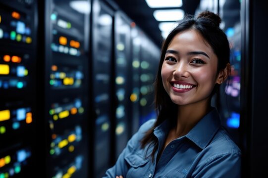  portrait of a smiling senior Marshallese female IT worker looking at the camera, against dark server room  background.