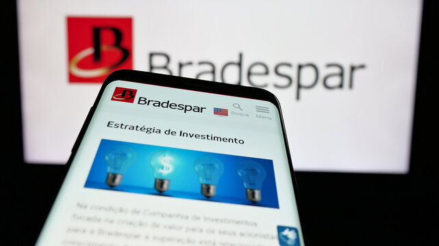 Stuttgart, Germany - 12-13-2024: Smartphone with webpage of Brazilien holding company Bradespar SA on screen in front of business logo. Focus on top-left of phone display.