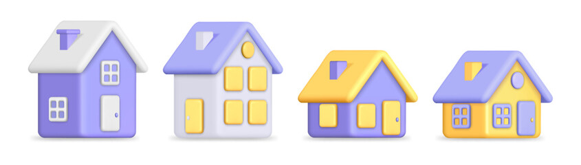 Houses with chimney, doors and entrance doors. Vector isolated homes in side view, minimalistic buttons for real estate website or application. Housing and rental, hotel or motel architecture