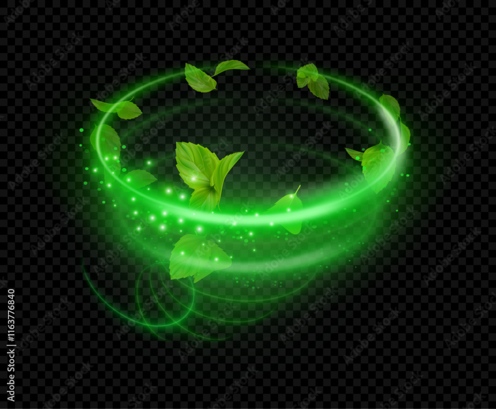 Poster Shiny line spiral spring with mint leaves, realistic wind effect with flying magic dust particles and mentha foliages. Vector glowing vortex and swirls. Light in motion and abstract sparkles