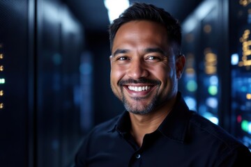  portrait of a smiling senior Micronesian male IT worker looking at the camera, against dark server room  background.