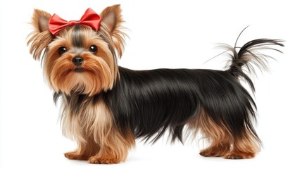 Cute yorkshire terrier with red bow standing on white background