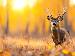Majestic white-tailed deer buck in autumn forest at sunset.
