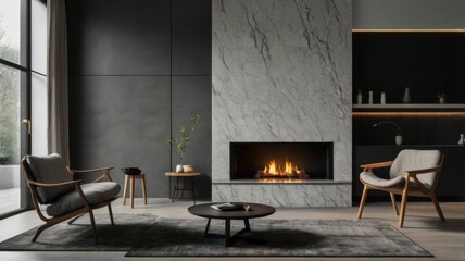 Rustic Minimalist Fireplace Glowing with Warm Light and Surrounded by Natural Textures
