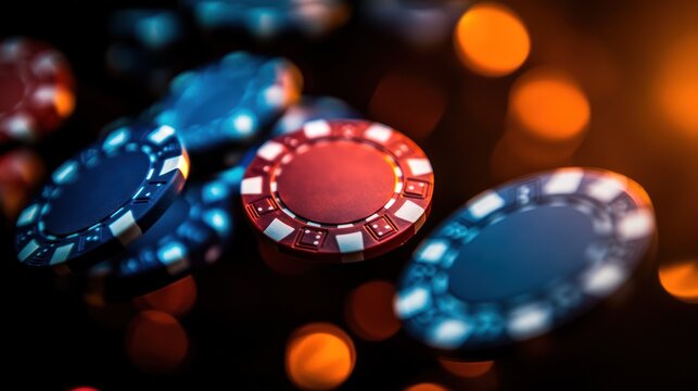 Red and blue casino chips falling against a bokeh background.