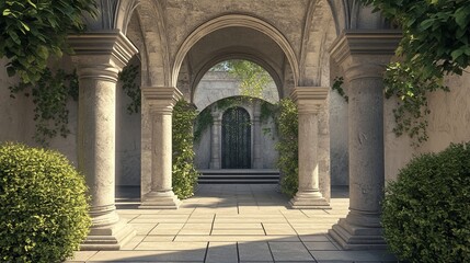 Fototapeta premium Architecture arches with stone columns, antique gates for interior or exterior with pillars, palace or castle archway decorative frames. Portal entrance, antique doorways Cartoon vector illustration