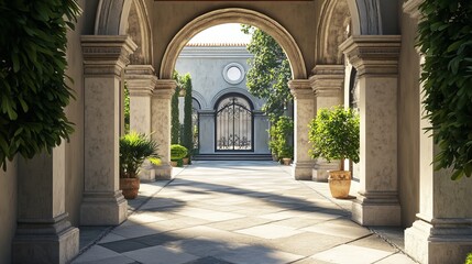 Architecture arches with stone columns, antique gates for interior or exterior with pillars, palace or castle archway decorative frames. Portal entrance, antique doorways Cartoon vector illustration