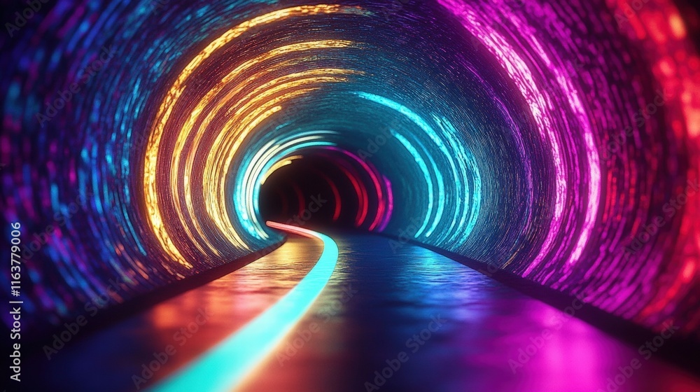 Poster vibrant neon illuminated tunnel with colorful light effects creating a mystical atmosphere, ideal fo