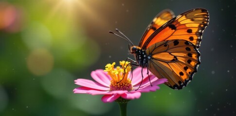 Obraz premium A butterfly sips nectar from a blooming flower, nature, orange, bloom